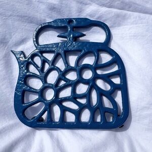Vintage 70’s Blue Floral Tea Kettle Enameled 3 Footed Cast Iron Trivet